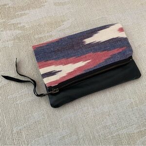 Handmade Vintage Ikat Woven Fabric and Leather Foldover Clutch Bag